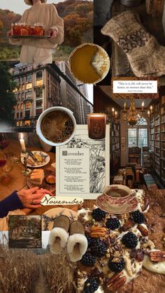 a collage of photos with food and drinks on it, including an image of a woman holding a plate