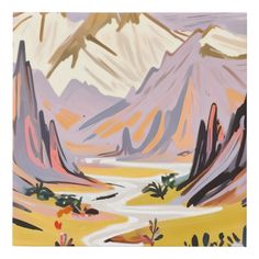 an abstract painting of mountains and trees in pastel colors with a river running through them