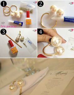 the instructions for how to make an earring with pearls and other jewelry items on it