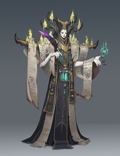 the character is dressed in an elaborate costume with horns and wings, holding two wands