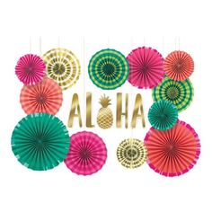 the word aloha written in gold letters surrounded by colorful paper fan decorations and pineapples