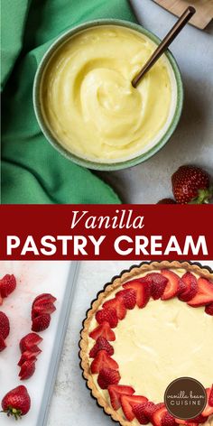 vanilla pastry cream in a pie pan with strawberries