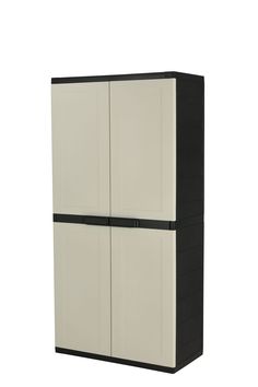 a white and black cabinet with two doors