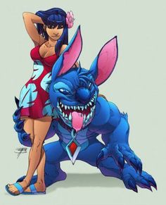 a woman standing next to a cartoon character in front of a blue dog with its mouth open