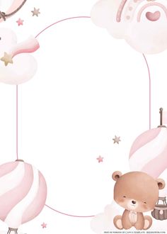 a pink and white background with a teddy bear