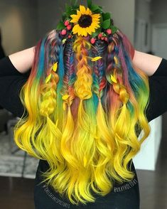 Rainbow and yellow balayage hair color trend 2018 Highland park NJ Hairstylist Unconventional Color Mermaid Hair Color, Easy Updo, Hair Things, Girl Braids, Multicolored Hair, Bright Hair, Hair Raising, Amazing Hair, Colorful Hair