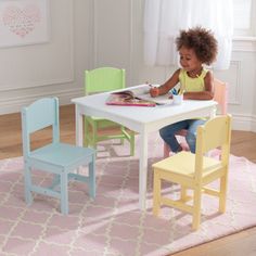 The KidKraft Nantucket Table & 4 Chair Set is a perfectly kid sized set that will be the centerpiece of any fun kids’ space. It’s a great place to gather for a game, crafts or to enjoy a snack. The classic, elegant style of KidKraft’s Nantucket collection echoes the sensible charm of New England with gentle curves and wainscoting-style paneling. 4 chairs Available in a variety of colors Companion piece to KidKraft’s Nantucket furniture collection Sturdy wood construction Durable finish Packa Pastel Chair, Luminaria Diy, Kids Wooden Table, Kids Tables, Toy Storage Bench, Kids Table Chair Set, Wainscoting Styles, Play Kitchen Sets, Children's Furniture