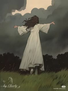 a painting of a woman with her arms outstretched in front of a dark sky and clouds