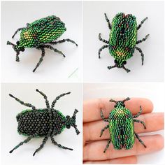 four pictures of different types of beaded bugs in green, black and red colors