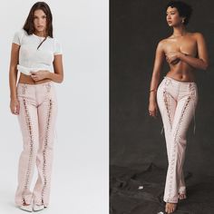 These Pants Are So Stinkin Cute!! They're Crafted From Distressed Vegan Leather In A Soft Peach Hue That's Blended With Plenty Of Stretch, Creating The Most Comfortable Fit. They Sit Mid-Rise At The Waist And You'll Love The Lace Up Detailing For An Ultra Feminine Vibe. 'Elliott' Have A Straight Leg Silhouette With A Subtle Flared Hem To Sit Perfectly Over Your Prettiest Heels And The Soft Satin Lining Ensures A Smooth And Non Sticky Finish. Where To Wear: Stylish Dinner Dates, Bottomless Brunch Lace Pants Outfit, White Leather Pants, Patent Leather Pants, Vinyl Trousers, Lace Up Trousers, 18th Birthday Outfit, Justice Leggings, Cheetah Print Leggings, Monochromatic Fashion