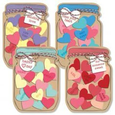 three jars filled with lots of hearts on top of a white background, one has a tag that says happy valentine's day