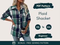 Plaid Shacket Sewing Pattern | Oversized Shirt-Jacket | XS-XXXL | Cozy Layering Piece | PDF Sewing Pattern ⚠️ This is a digital PDF sewing pattern - not a physical product. This plaid button-up shacket combines the structure of a classic button-up shirt with the warmth and weight of a light jacket, making it the perfect layering piece for cooler weather. The Shacket Sewing Pattern provides a versatile and stylish garment that is ideal for casual outings and transitional seasons. Product Details: Flannel Shirt Pattern, Shacket Sewing Pattern, Patterned Button Up Shirts, Oversized Shacket, Plaid Shacket, Jacket Pattern Sewing, Basic Shirts, Plaid Design, Jacket Pattern