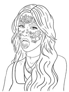 a drawing of a woman with flowers on her face and nose, in black and white