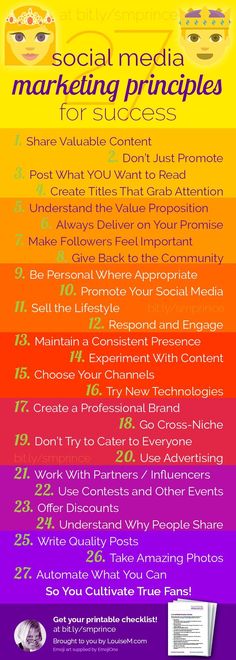 the social media marketing practices for success poster is shown in purple and yellow with an image of