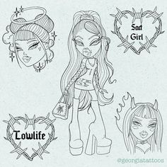 three cartoon girls with different hair styles and tattoos on their faces, one girl is holding a