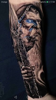 Odin Leg Tattoo Men, Odin Leg Tattoo, Odin Shoulder Tattoo, Viking Tattoos Forearm, Leg Tattoo Men Viking, Viking Leg Sleeve Tattoo Men, Odin Hand Tattoo, Chief Tattoo Men, Odin Tattoo Sleeve