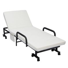 an adjustable bed frame with wheels on the bottom and backrests is shown in this image