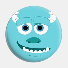 a blue button with an evil face and horns on it's head is shown