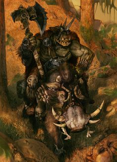 an image of a troll riding on the back of a buffalo in a forest with other animals