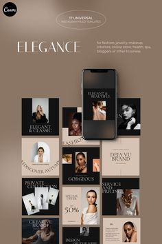 an image of a cell phone with the words elegance on it and images of women