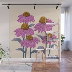 a wall mural with pink flowers on it