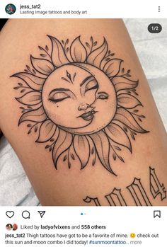 a sun tattoo with the face of a woman's face on her thigh, in black ink