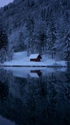 a small cabin sits on the shore of a lake