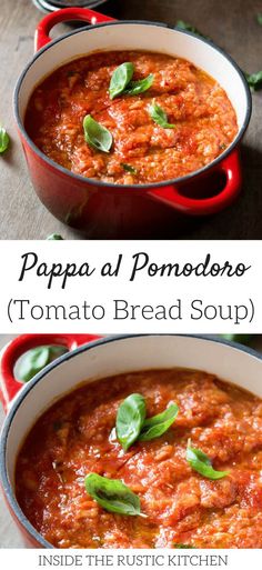 two pictures of tomato bread soup with basil leaves on top and the same image above