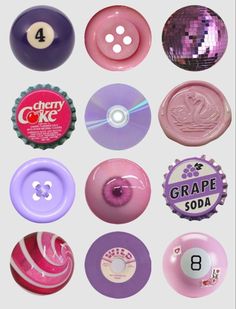 several different types of buttons and badges on a white background with the words grape soda printed on them