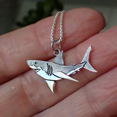 This is a beautiful detailed great white shark charm made from recycled sterling silver♻️that measures .8" in length including the bail and 1.1" wide. It comes on a 1mm rounded box chain in your choice of 16", 18", 20" or 24" long. Shark Clothing, Shark Things, Shark Charm, Shark Stuff, Shark Jewelry, Shark Pendant, Shark Necklace, Shark Art, Cute Shark