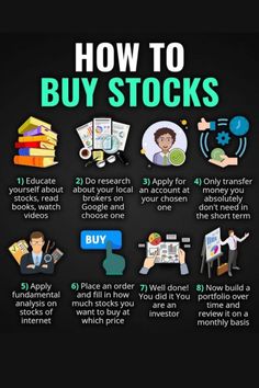 how to buy stocks info on black background with green and white text that says, how to