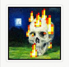 a pixellated image of a skull with fire coming out of it's head