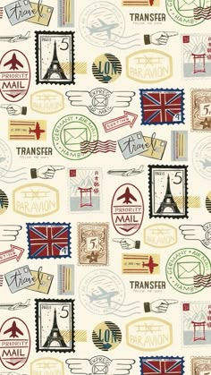 a wallpaper with stamps on it and the word travel written in different languages,