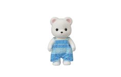 a white teddy bear with blue and white pajamas on it's chest, standing in front of a white background