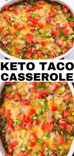 keto taco casserole in a white dish with the title above it