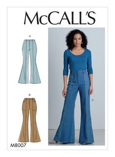 "McCall's Pattern M8007 A, B, C has Flared hems, belt carriers and fly front. B: Front and back patch pockets. C: Contrast panels. FABRICS: Denim, Twill, Chino, Cotton Blends. Note: Fabric requirement allows for nap, one-way design or shading. Extra fabric may be needed to match design or for shrinkage. NOTIONS: One 7\" (18 cm) Zipper, Two Hook & Eye Closures. Size Combinations: A5(6-8-10-12-14), E5(14-16-18-20-22) New and Unused." 70s Look, Pants Sewing, Sewing Clothes Women, Womens Knit Tops, Retro Jeans, Pants Sewing Pattern, Patterned Jeans, Pattern Collection, Mccalls Sewing Patterns