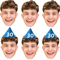 a man's birthday hat with the number 30 on it and eight different faces