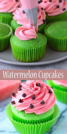 cupcakes with pink and green frosting being piped into them