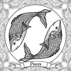 two fish in a circle with the word piscs on it and an ornamental background