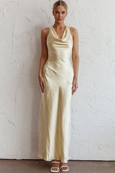 Butter Yellow Satin Dress, Pale Yellow Satin Bridesmaid Dresses, Butter Bridesmaid Dresses, Fitted Long Backless Dress With Bias Cut, Fitted Bias Cut Slip Dress With Cowl Neck, Fitted Backless Maxi Dress In Bias Cut, Cowl Back Maxi Dress For Date Night, Chic Fitted Maxi Dress With Cowl Back, Fitted Cowl Neck Maxi Dress For Date Night