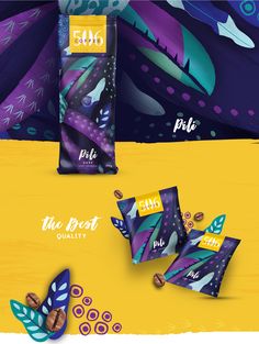 the packaging design is designed to look like it has been painted purple, blue and yellow