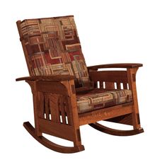 a wooden rocking chair with an upholstered back and seat cushion on the front