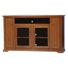 a wooden entertainment center with glass doors