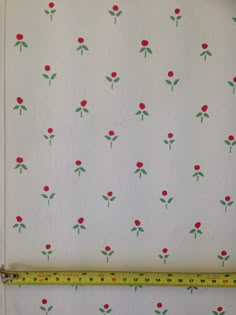 a ruler is next to a wallpaper with red flowers and green leaves on it