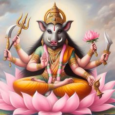 a painting of a demon sitting on top of a pink flower and holding two knives