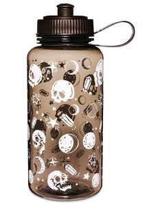 a water bottle with skulls and stars on it