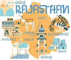 an illustrated map of india with all the major cities and their names in blue, orange, yellow, and white