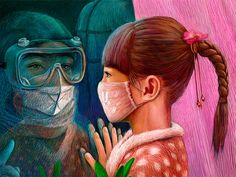 a painting of a girl wearing a face mask next to a gorilla