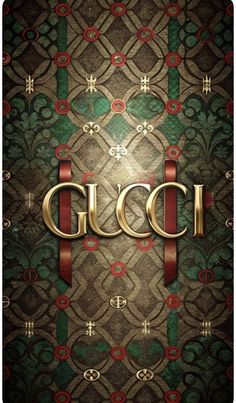 gucci wallpaper with the word gucci in gold and red letters on it