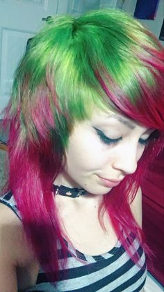 Green And Pink Scene Hair, Green To Pink Hair, Pink Purple And Green Hair, Neon Pink And Green Hair, Glow In The Dark Hair Dye, Scene Hair Ideas, Pink Emo Hair, Emo Hair Dye, Scene Hair Dye